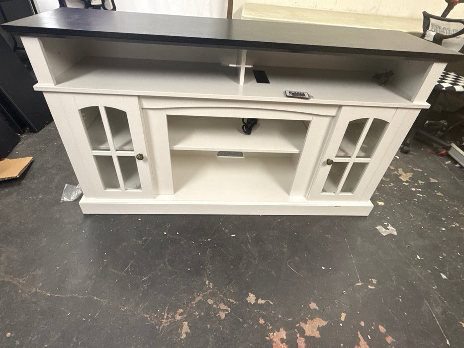 BELLEZE 58 Inch TV Stand, Rustic Wood Entertainment Center for TVs up to 65", Contemporary Media Console Table with Two Open Shelves and Glass Door Cabinets - Astorga (White) - new