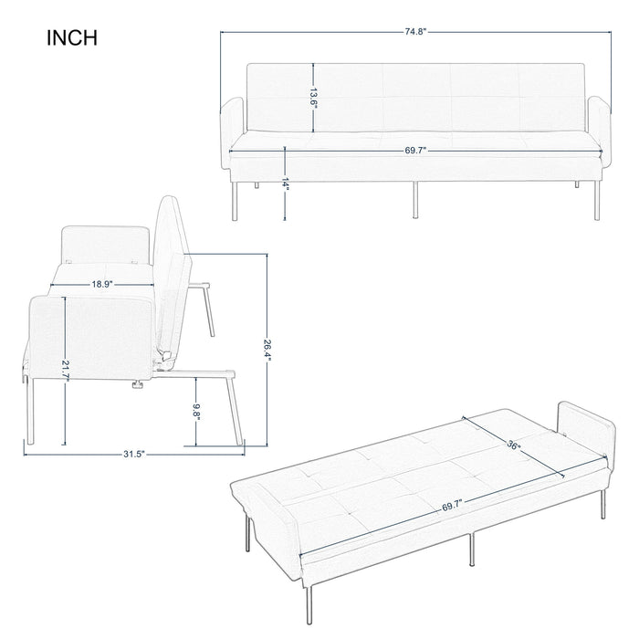 BSHTI 74.8” Futon Sofa Bed,Black Polyester Upholstered,Twin Size Convertible Sofa,5 Adjustable Positions Backrest for Living Room,Office,Small Apartment - open_box