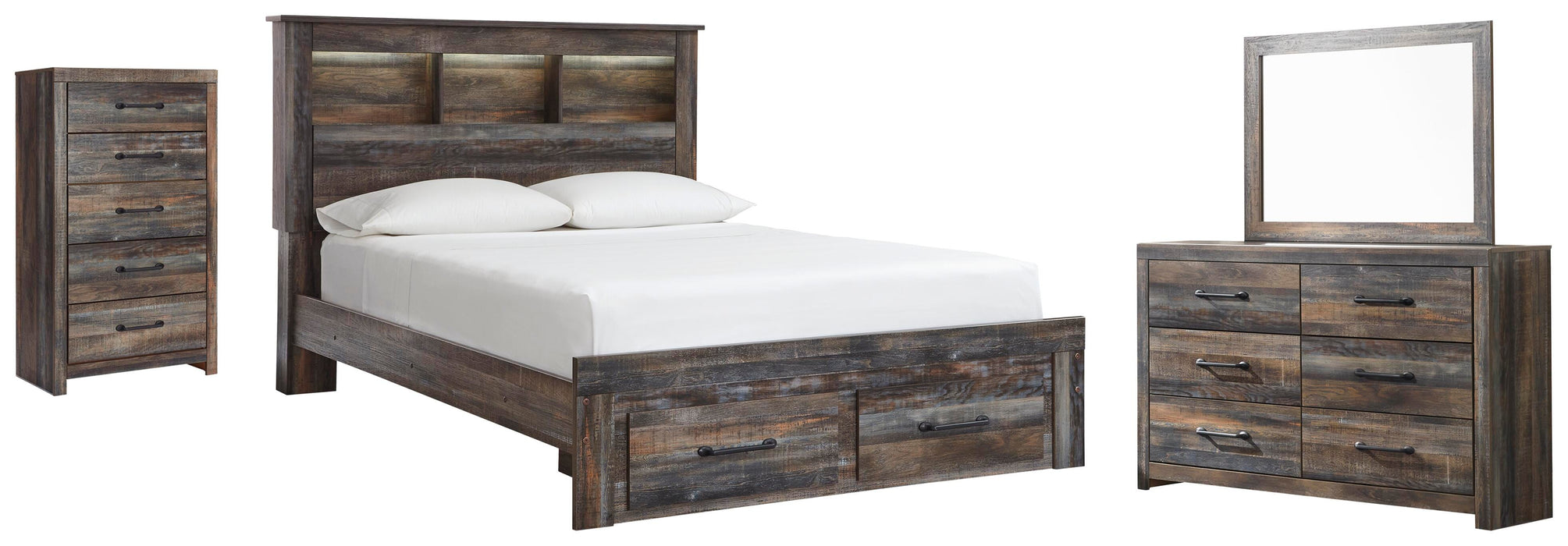 Drystan Multi Drystan Queen Bookcase Bed with 2 Storage Drawers with Mirrored Dresser and Chest