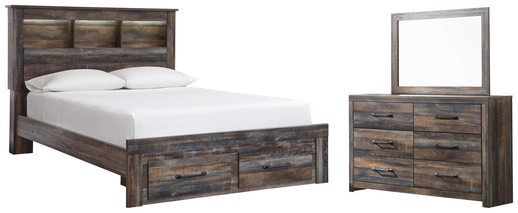 Drystan Multi Drystan Queen Bookcase Bed with 2 Storage Drawers with Mirrored Dresser
