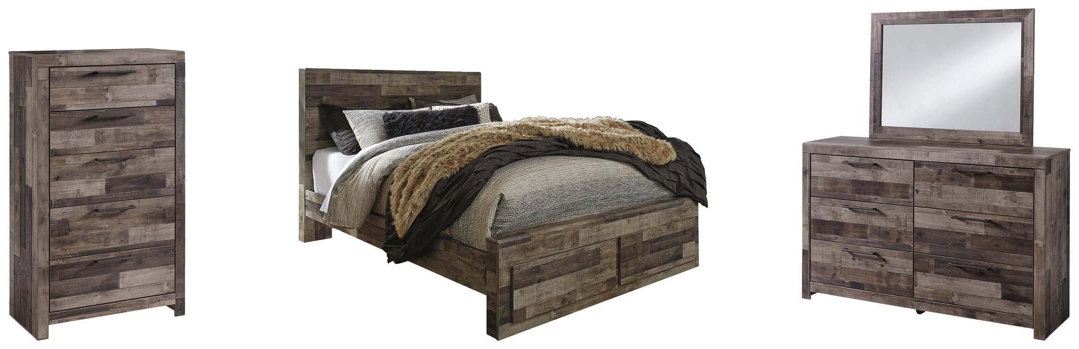 Derekson Multi Gray Derekson Queen Panel Bed with 2 Storage Drawers with Mirrored Dresser and Chest