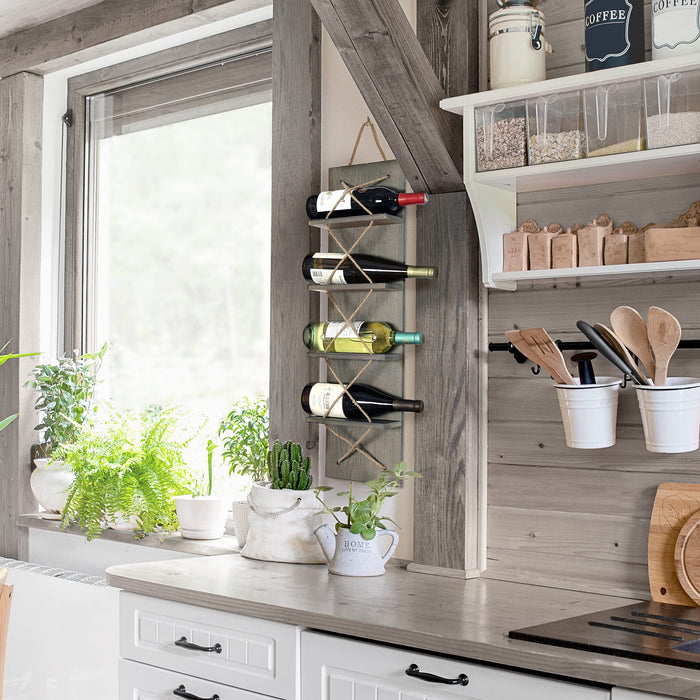 Elegant Designs HG1019-RGY Positano Nautical Rope 4 Bottle Vertical Wall Mounted Wood Wine Rack, Rustic Gray - new