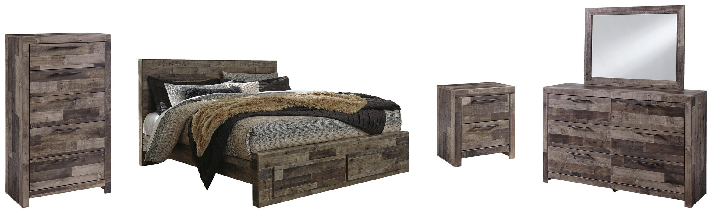 Derekson Multi Gray Derekson King Panel Bed with 2 Storage Drawers with Mirrored Dresser, Chest and Nightstand