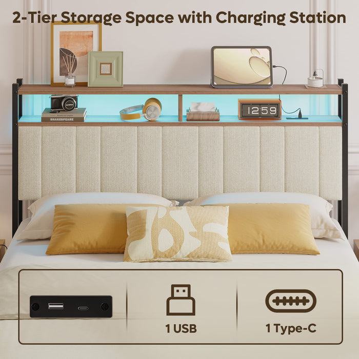 Pinmoco Upholstered Headboard for Queen Bed with Storage, Linen Head Board with LED Light and Charging Station, Beige, Headboard Only(Bed Frame Not Included) - new