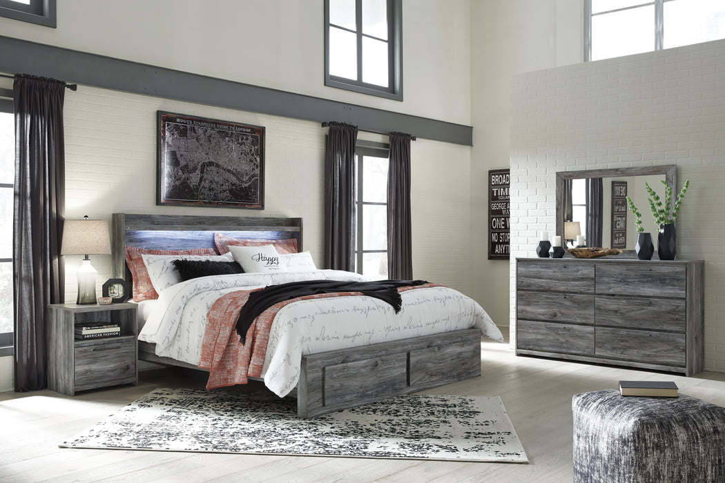 Baystorm Gray Baystorm King Panel Bed with 2 Storage Drawers with Mirrored Dresser, and Nightstand