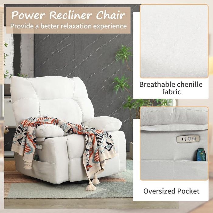 EDWELL White Power Recliner Chair, Swivel Rocking Recliner Chairs for Adults with Massage and Heated, Soft Single Reclining Swivel Sofa with USB, USB-C Ports for Living Room - use_like_new