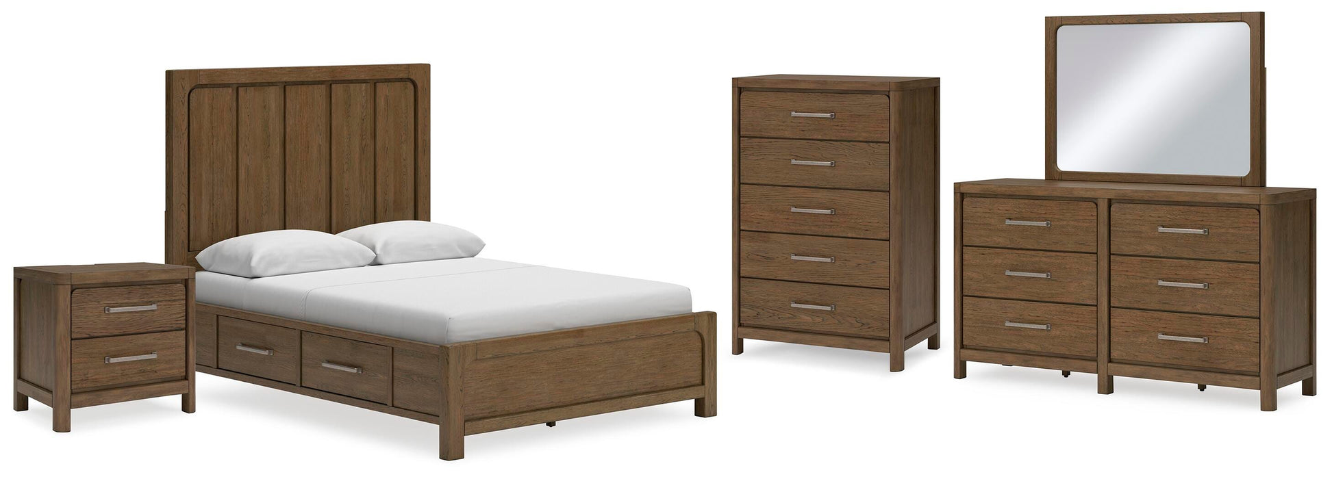 Cabalynn Light Brown Cabalynn Queen Panel Bed with Storage with Mirrored Dresser, Chest and Nightstand - Brand New