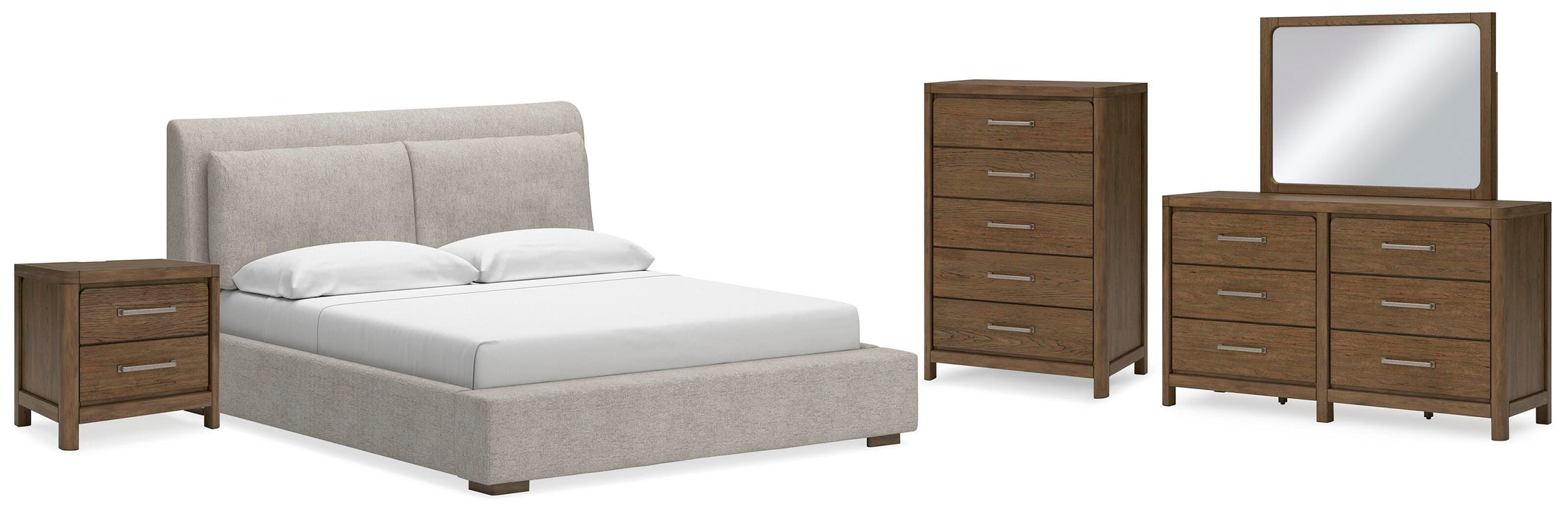 Cabalynn Light Brown Cabalynn King Upholstered Bed with Mirrored Dresser, Chest and Nightstand - Brand New