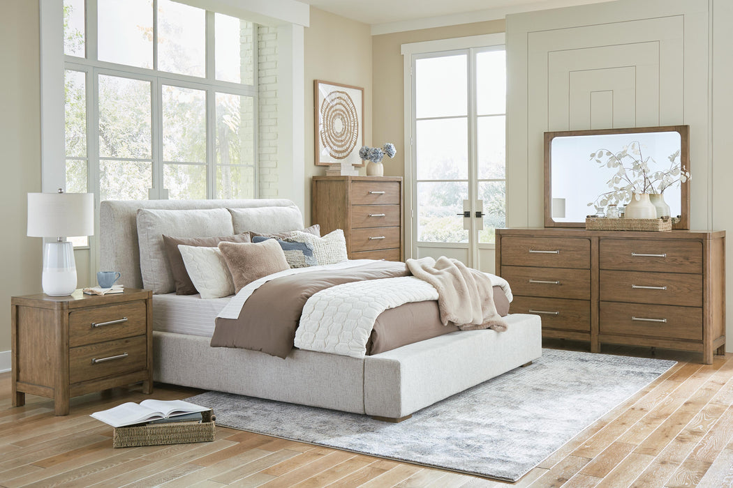 Cabalynn Light Brown Cabalynn King Upholstered Bed with Mirrored Dresser, Chest and Nightstand - Brand New