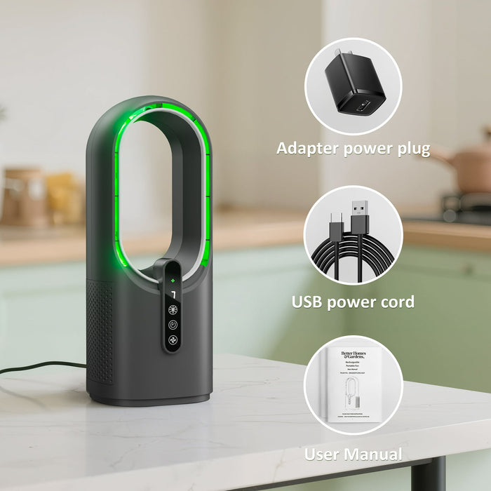 Better Homes & Gardens Bladeless Cooling Fan with LED Light, Quiet Desk Fan 3 Speeds, Portable Touch Control for Office Home - new