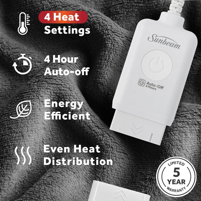 Sunbeam Electric Heated Throw Blanket Oversize Grey stone Microplush 4 Heat Settings - new