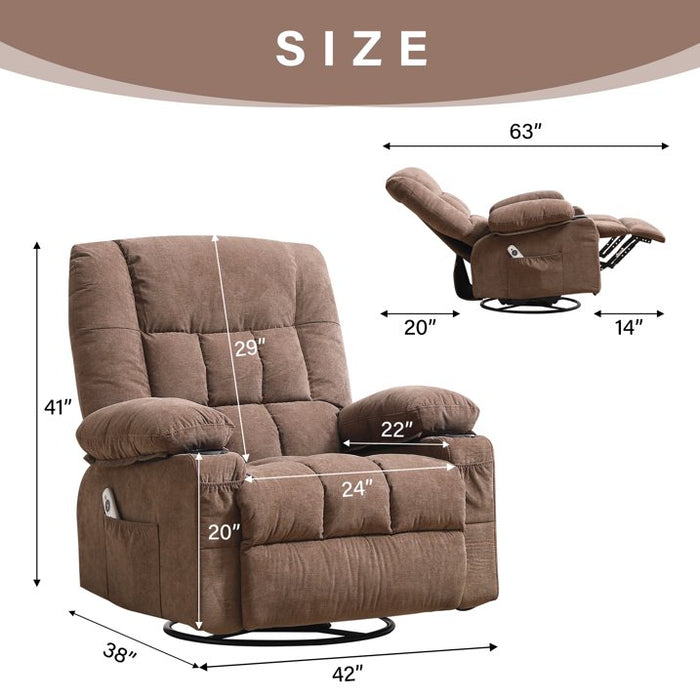 JONPONY Massage Swivel Rocker Recliner Chair with Vibration Massage and Heat Ergonomic Lounge Chair for Living Room with Rocking Function and Side Pocket, 2 Cup Holders, USB Charge Port,Brown - new