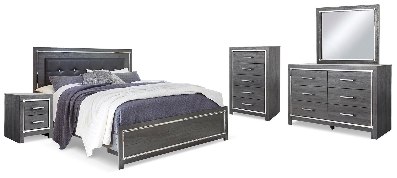 Lodanna Gray Lodanna King Panel Bed with Mirrored Dresser, Chest and Nightstand