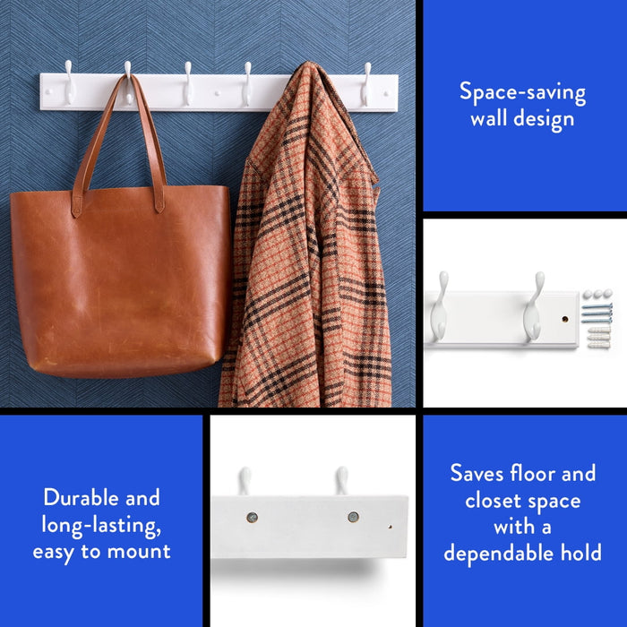 Mainstays 6 Hook 27 inch Hook Board for Coats, Bags, Leashes, Keys, Towels, 45 lbs Capacity, White, 1 Pc - new