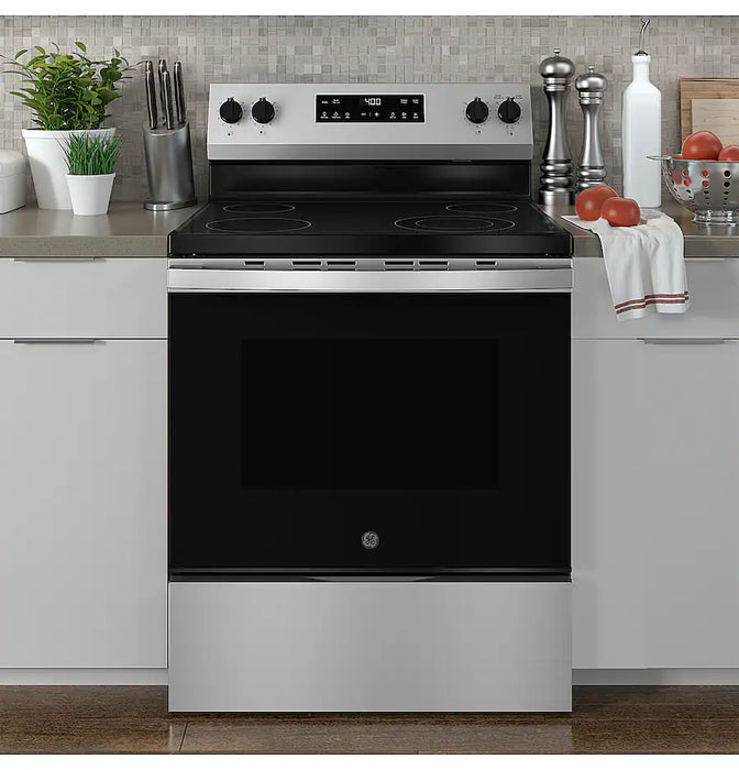 GE - 5.3 Cu. Ft. Freestanding Electric Range with Steam Cleaning and 4 Burner Radiant Cooktop - Stainless Steel - new