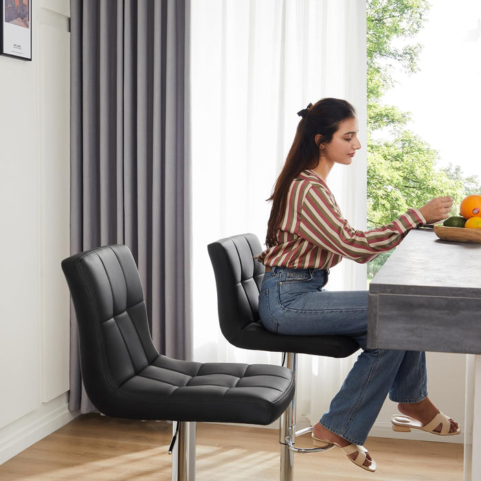 Sweetcrispy Bar Stools Set of 2, PU Leather Adjustable Swivel Barstools, Armless Hydraulic Kitchen Counter Height Bar Stools, Thickened Seat Cushion Square Island Barstools with Back, Black