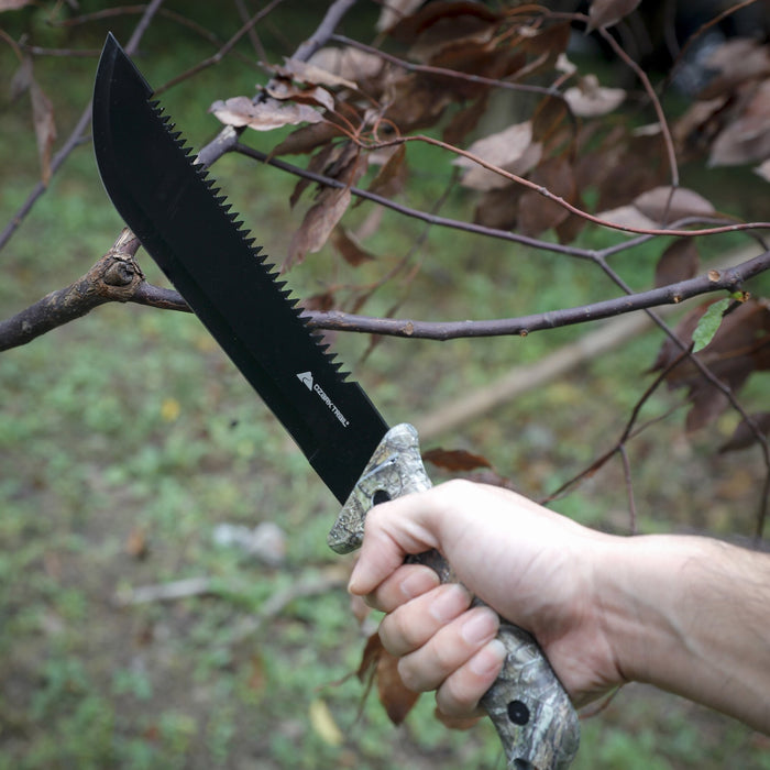 Ozark Trail 12-Pack Camping Tool Set with 180-Lumen Flashlight, 10" Machete, 4.5" Hatchet, 5" Knife, Sharpening Stone, Fire Starter, 50 Foot Utility Cord and Carabiners, Mossy Oak Dna Camo - new