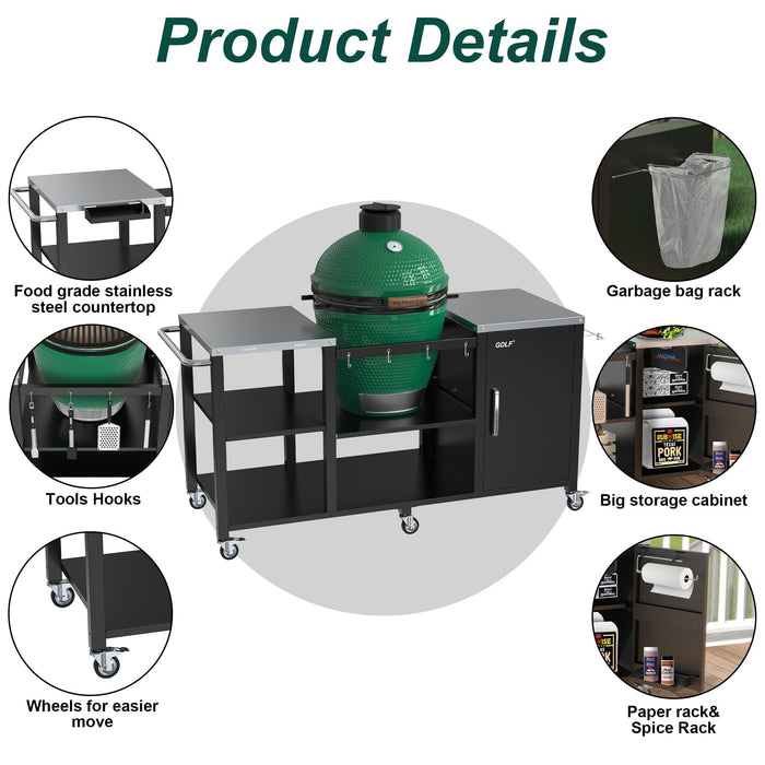 GDLF Table Compatible with Big Green Egg Grill Heavy Duty Metal Green Egg Stand with Accessories Storage - new
