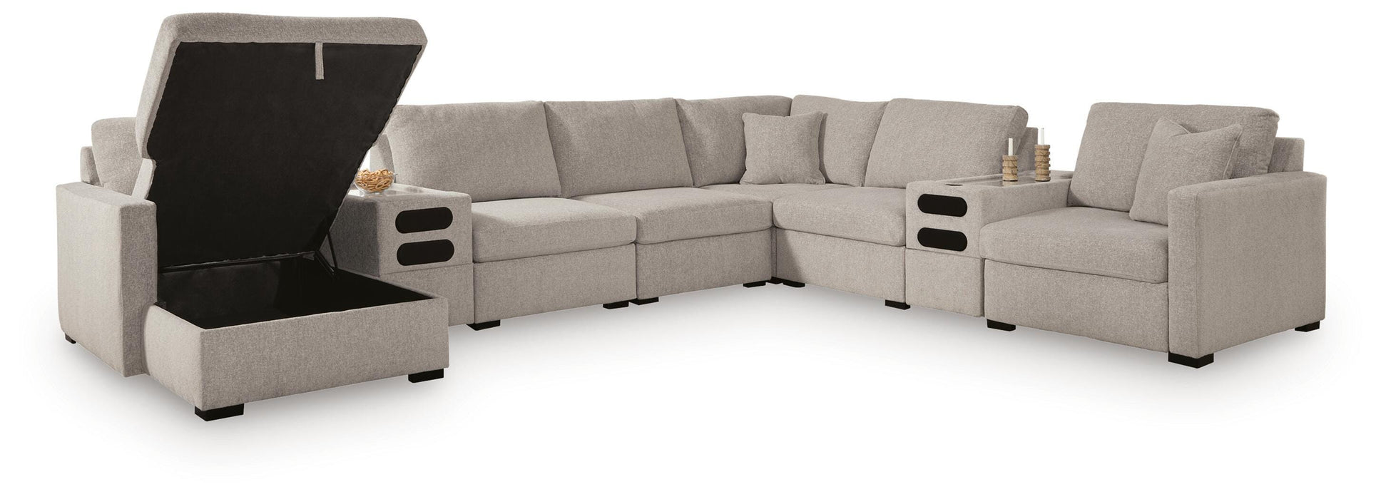 Benchcraft Flint 8-Piece Sectional with Storage Chaise and Audio Consoles