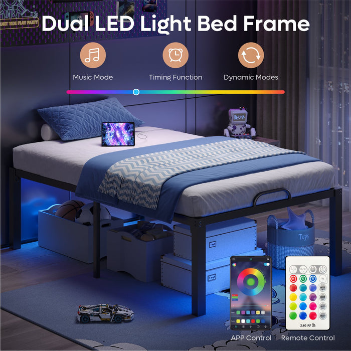 Pinmoco Twin Bed Frame with Dual LED Lights and Charging, Heavy Duty Metal Platform Bed with 16.5'' Large Under Bed Storage Space, Black - new