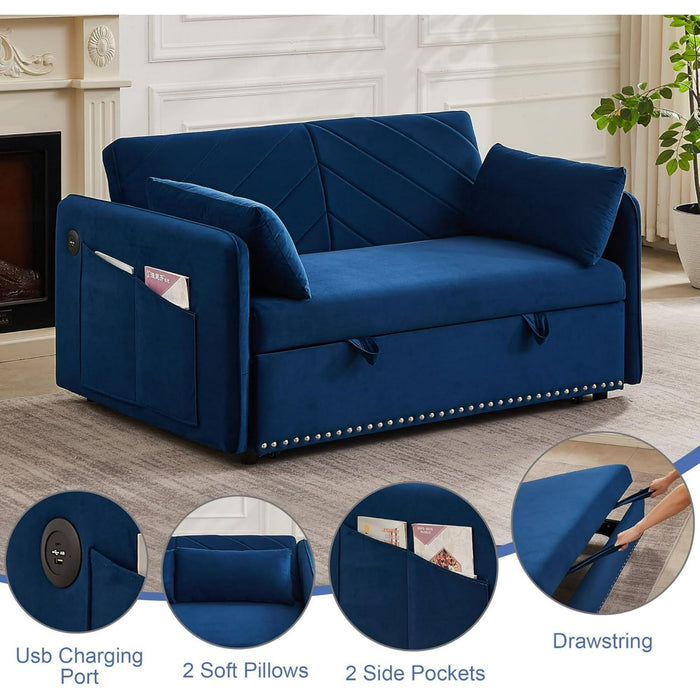 DEALTOPS Pull Out Sofa Bed, Convertible Loveseat Sleeper Sofa with USB Ports and Side Pockets, Blue - open_box