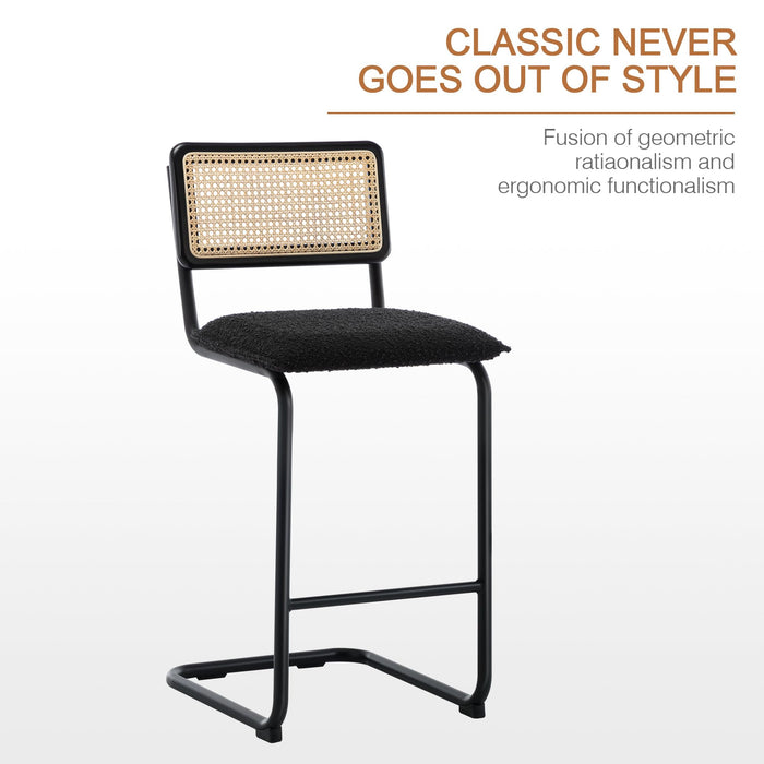 Zesthouse Boucle Bar Stools Counter Height Set of 2, 26'' Rattan Barstools with Wooden Back & Natural Cane Mesh, Mid Century Cantilevered Design Counter Stools for Kitchen Island, Chrome Bas