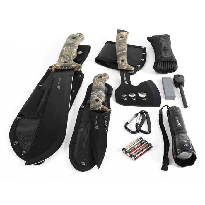 Ozark Trail 12-Pack Camping Tool Set with 180-Lumen Flashlight, 10" Machete, 4.5" Hatchet, 5" Knife, Sharpening Stone, Fire Starter, 50 Foot Utility Cord and Carabiners, Mossy Oak Dna Camo - new