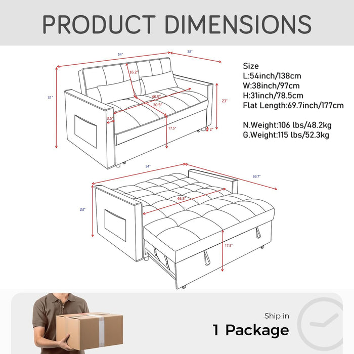 3 In 1 Velvet Convertible Sofa Bed, Pull Out Couch Bed with Reclining Backrest And 2 Pillows, 54" Full Size Loveseat Sleeper Sofa Futon Couch Bed, Couches For Small Spaces, Living Room (Black) - new