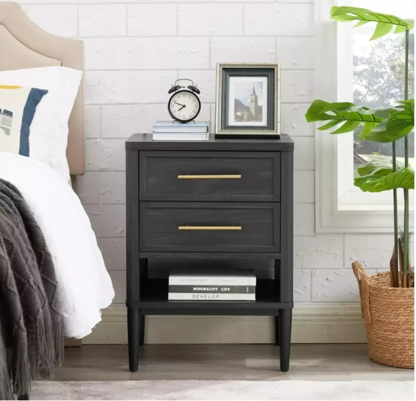 Better Homes & Gardens Oaklee 2 Drawer Nightstand for bedroom ,Charcoal Finish - new