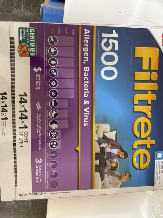 Filtrete 14x14x1 Air Filter, MPR 1500 MERV 12, Allergen, Bacteria and Virus, 1 Filter - new