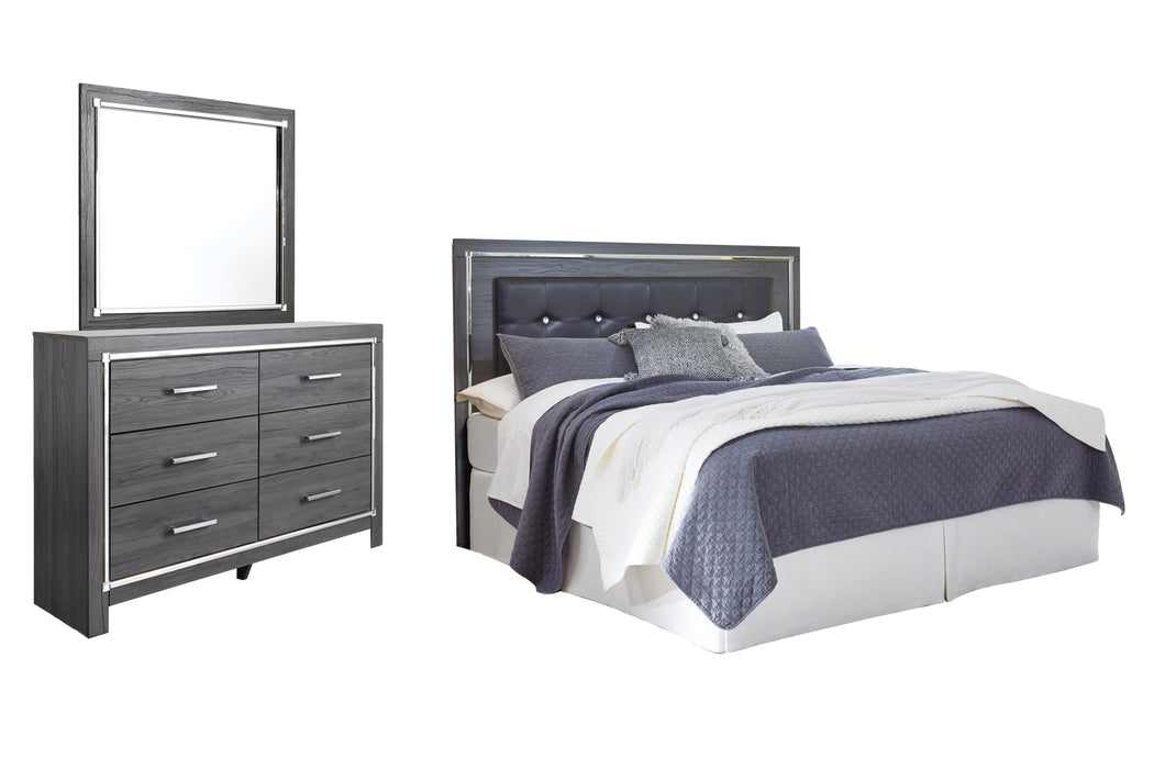 Lodanna Gray Lodanna King/California King Upholstered Panel Headboard Bed with Mirrored Dresser