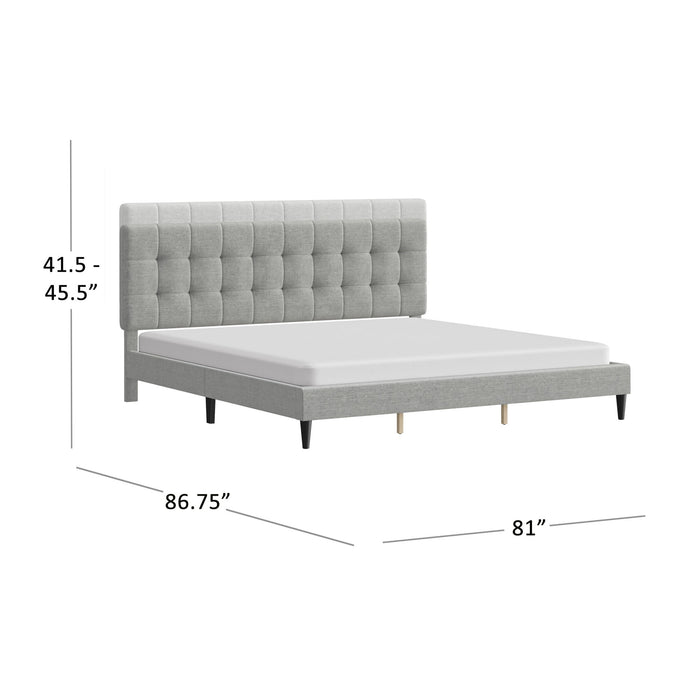 Mainstays Hillside Square Tufted Upholstered King Platform Bed, Light Gray Fabric - new