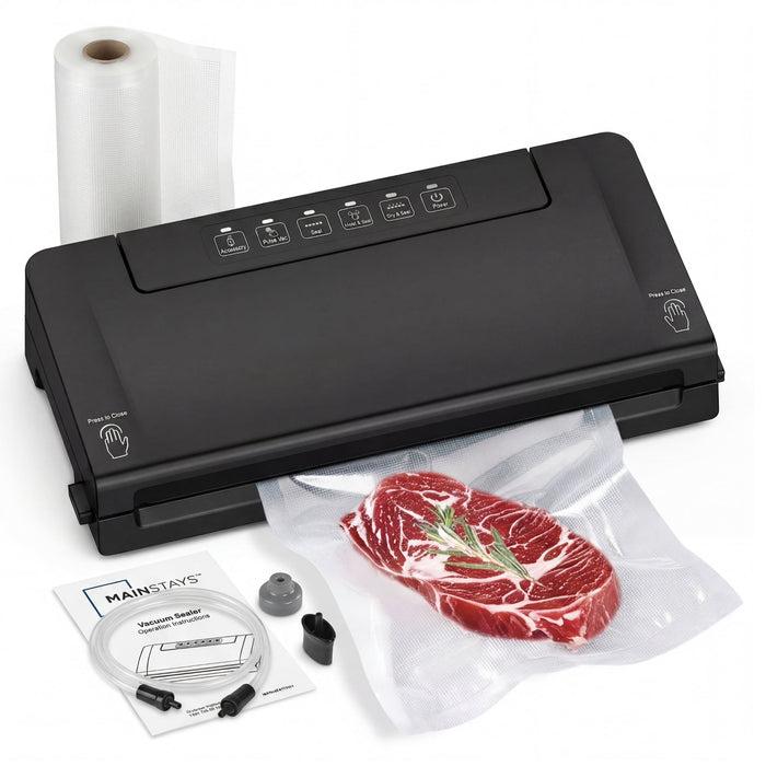 Mainstays Food Vacuum Sealer Machine, Powerful Multi-Mode Food Sealer With Built-In Bag Cutter & Storage, Accessory Port for Jars/Canisters, Includes (1) 11 in Roll, For Meal Prep & Freezer Storage - new