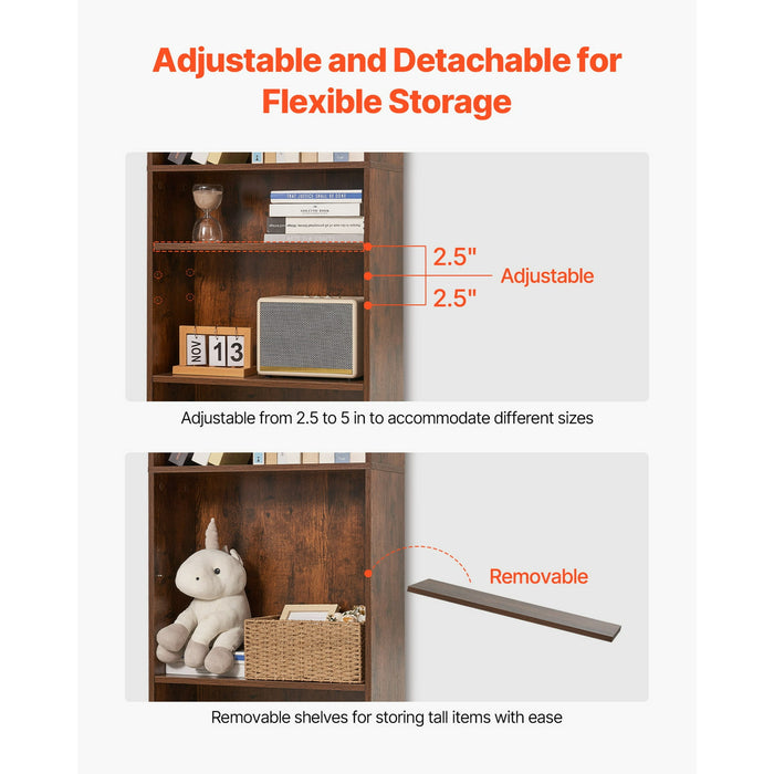 REKHH 5 Tiers Narrow Bookshelf, 53 in Wooden Open Bookcase with Height-Adjustable Shelf, Freestanding Tall Display Storage Floor Bookcase Bookshelf for Library, Bedroom, Living Room, Office,