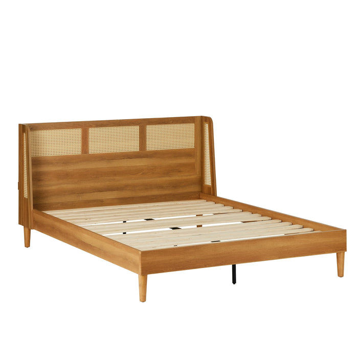 Better Homes & Gardens Springwood Caning Queen Platform Bed With Headboard, Light Honey Finish - new