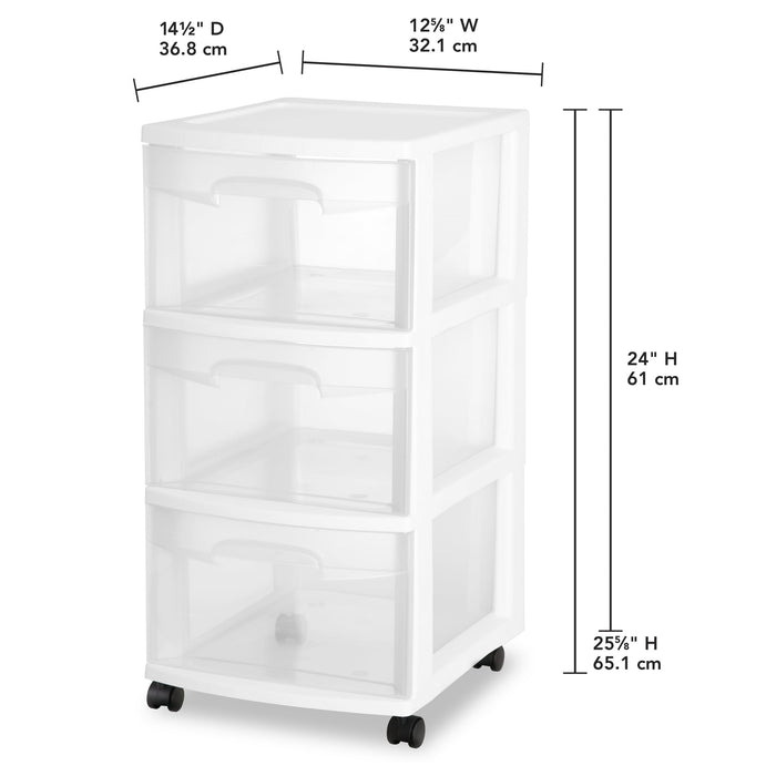 Sterilite 3 Drawer Cart, Clear Plastic Storage Drawers, Wheels Included, White - new