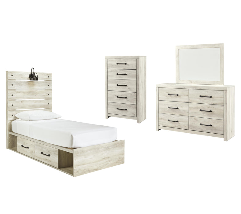 Cambeck Whitewash Cambeck Twin Panel Bed with 2 Storage Drawers with Mirrored Dresser and Chest