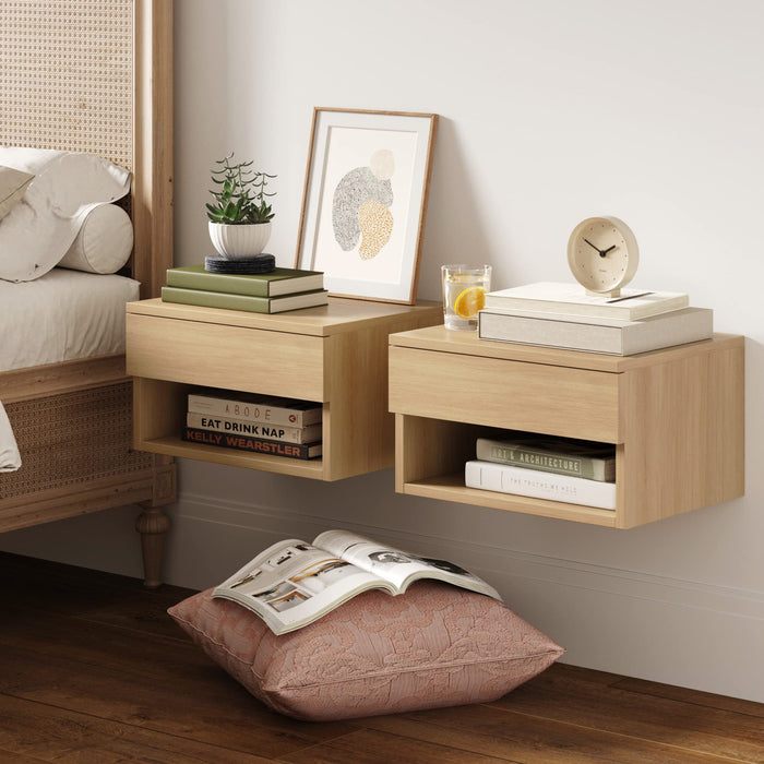 Nathan James Jackson Wall Mounted Floating Bedroom Nightstand with Storage Drawer and Modern Open Shelf Cubby , Light Oak Wood
1 Piece - new