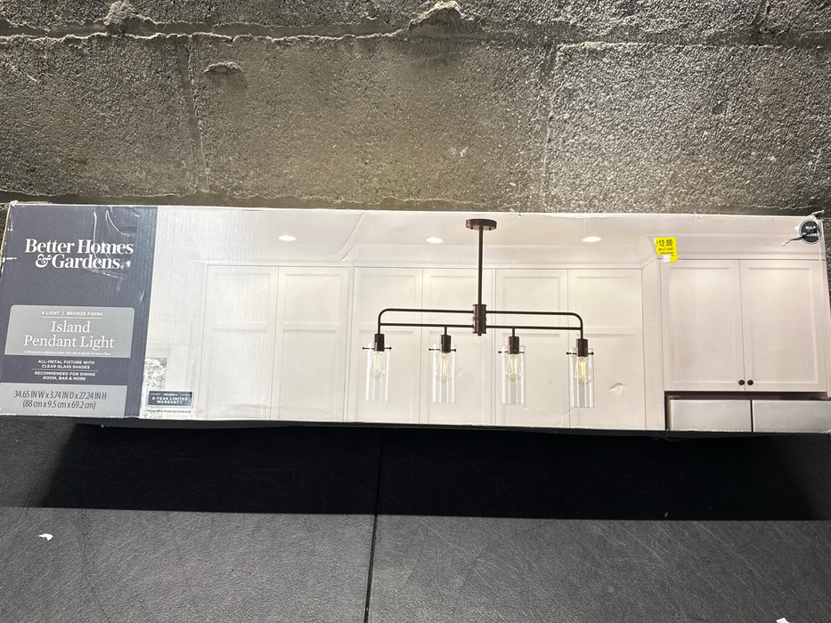 Better Homes & Gardens 34” Farmhouse 4-Light Island Pendant Light, Bronze Metal Clear Glass Shades - new