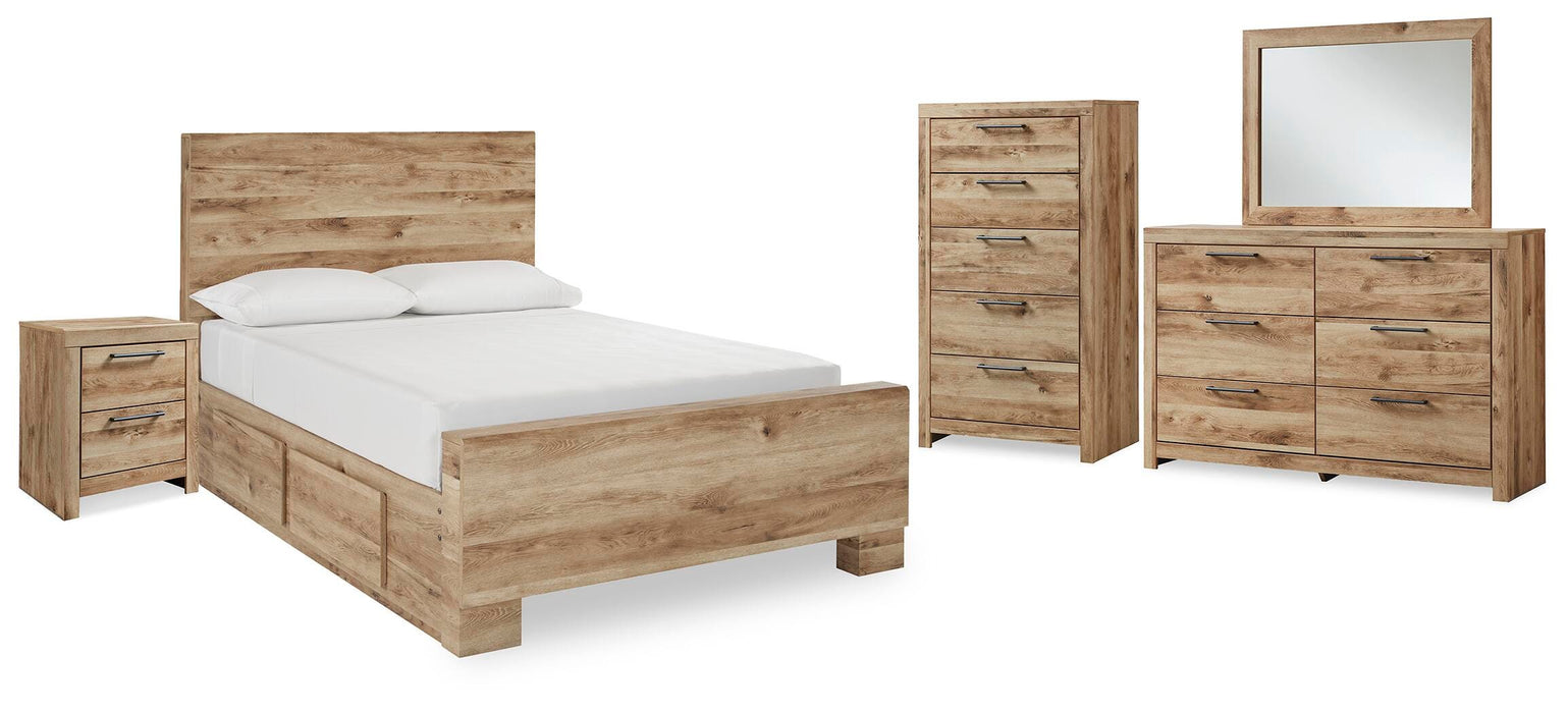 Hyanna Tan Brown Hyanna Full Panel Bed with 1 Side Storage, Dresser, Mirror, Chest and Nightstand - Brand New