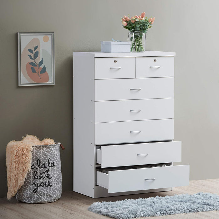 HODEDAH 7 Drawer Wood Dresser for Bedroom, 31.5 inch Wide Chest of Drawers, with 2 Locks on the Top Drawers, Storage Organization Unit for Clothing, White - new