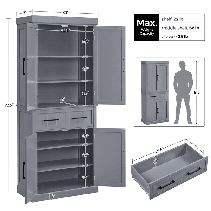 Renwick 72.5'' H Freestanding Pantry Cabinet with Doors and Adjustable Shelves,Dark Gray - use_like_new