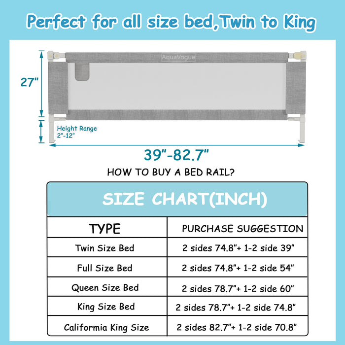 AquaVogue 3-Pack Queen Size Bed Rails for Toddlers -Height Adjustable Baby Bed Rail Guard Specially Designed for Queen Size Bed(2 Sides 78.7" + 1 Side 59") - new