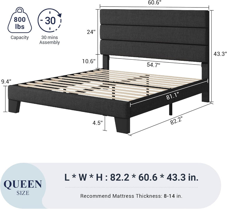 Allewie Queen Size Platform Bed Frame with Fabric Upholstered Headboard and Wooden Slats Support, Fully Upholstered Mattress Foundation/No Box Spring Needed/Easy Assembly, Dark Grey - new