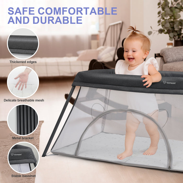 Vomeast Travel Crib, Baby Bassinet Portable Crib, Baby Playard Foldable with Baby Mattress, Gray - new