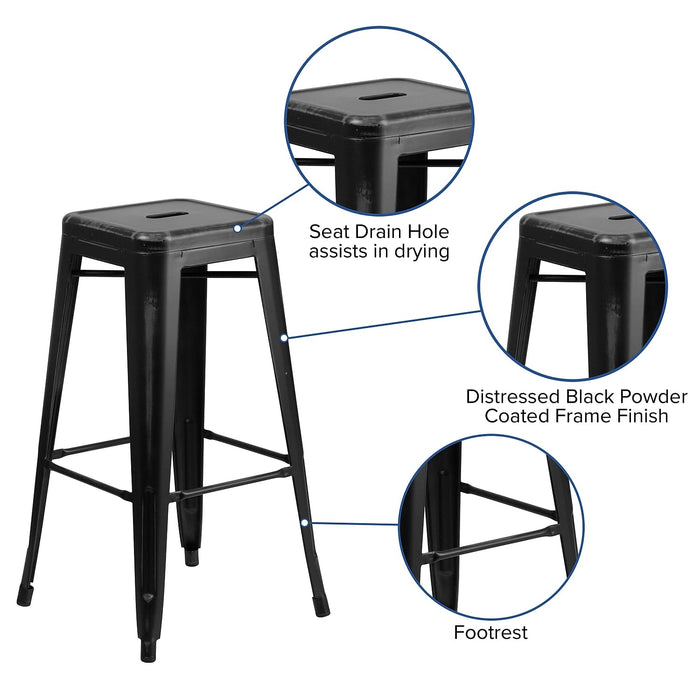 Flash Furniture Kai Commercial Grade 30" High Backless Distressed Black Metal Indoor-Outdoor Barstool - new