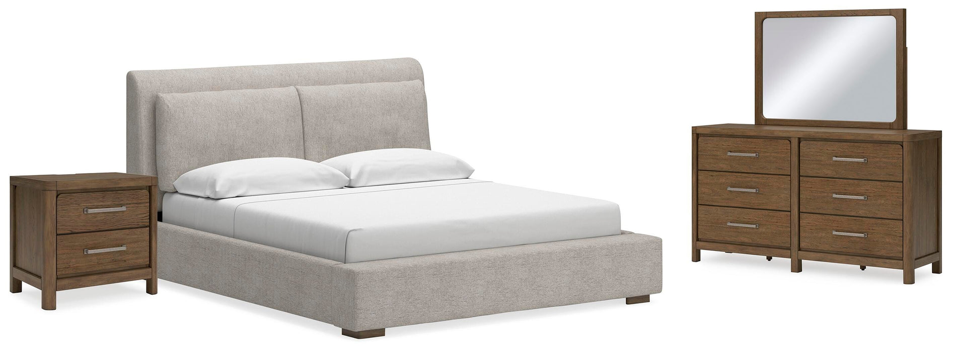 Cabalynn Light Brown Cabalynn King Upholstered Bed with Mirrored Dresser and Nightstand
