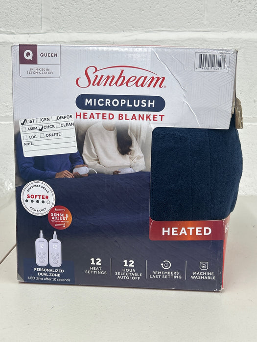 Sunbeam Electric Heated Bed Blanket Navy Soft Microplush 12 Heat Settings Queen 90 x 84 - new
