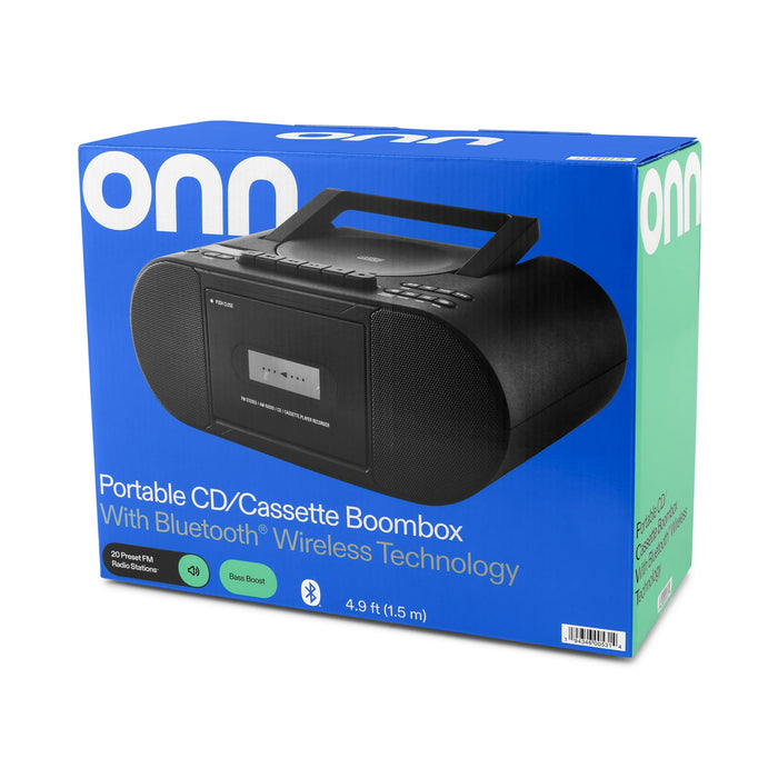 onn. Portable CD/Cassette Boombox with Bluetooth Wireless Technology, Black - new