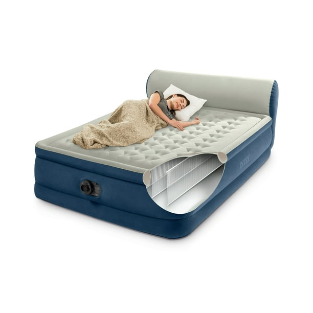Intex Headboard 18" Queen Dura-Beam Deluxe Raised Air Bed Mattress with Built-in Pump - use_like_new